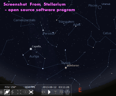 Stellarium screenshot of Perseus over the Eastern horizon on August 12, 2013 at 1 am