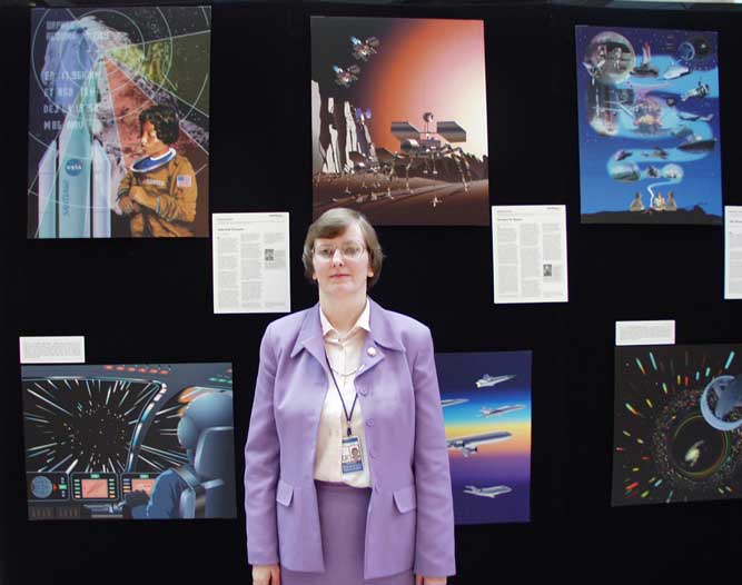 Dawn Jenkins in front of the  Space Exploration ideas traveling exhibit