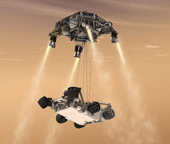 Curiousity Rover carried to Mars surface by sky crane