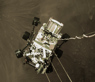 
                    Perseverance Rover carried to Mars surface by sky crane