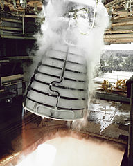  Space Shuttle Main Engine gimballed during a test at the Stennis Space Center 